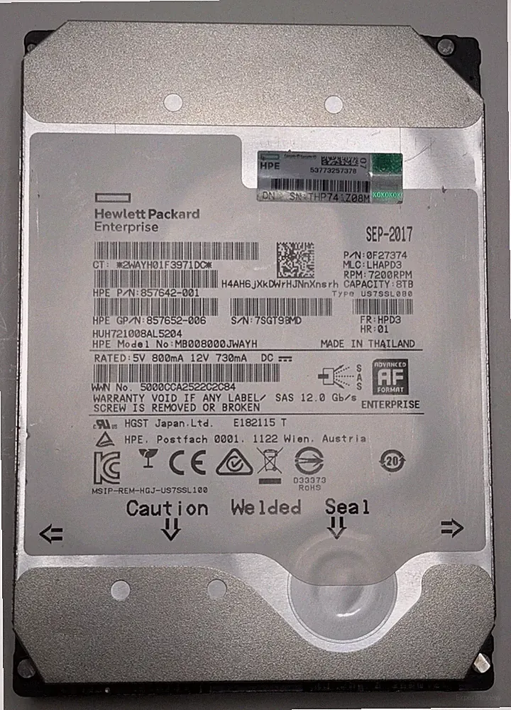 HPE Ultrastar 8TB SAS 3.5" HDD Hard Drive | HUH721008AL5204, 0F27374, Sanitized
