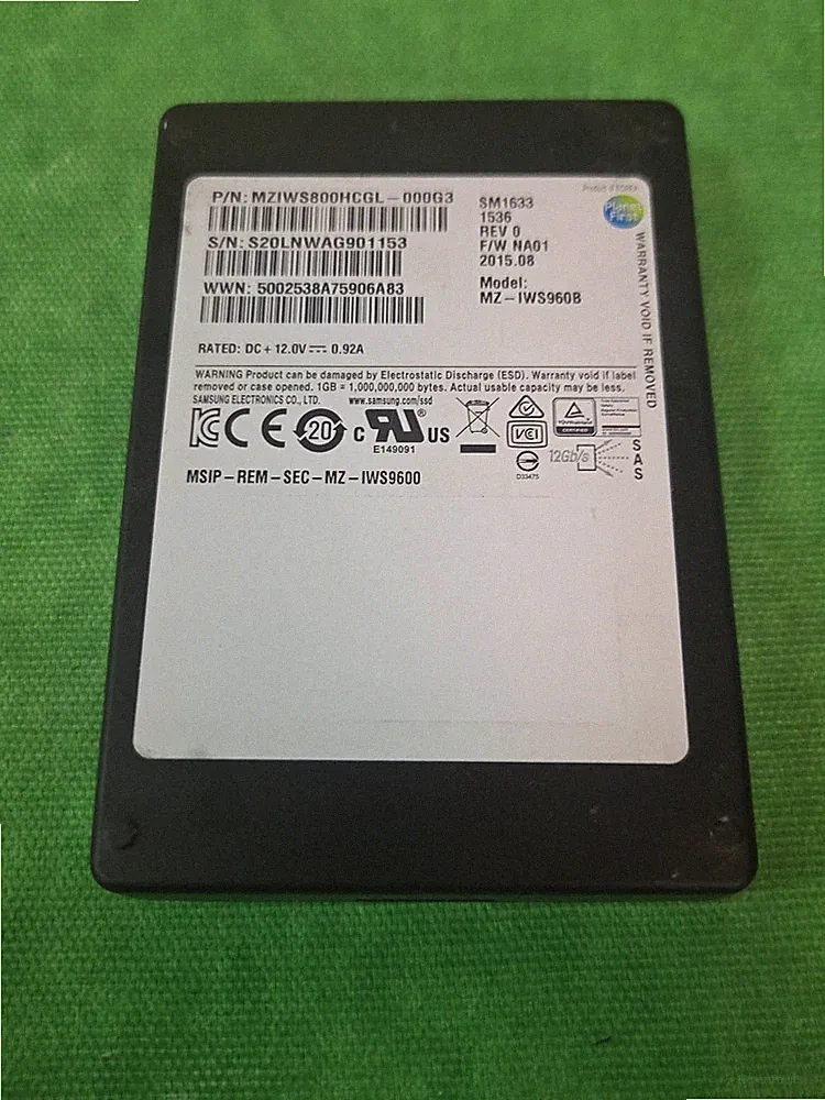 Samsung SM1633 800GB 2.5 12G SAS SSD MZ-IWS960B MZIWS800HCGL-000G3 99% LIFE LEFT